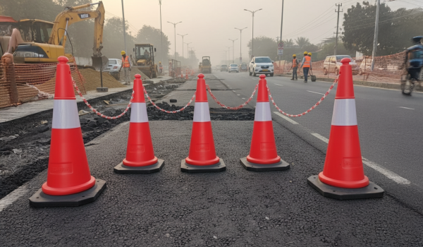 1 Meter Height Rubber Base Cones with 200 mm Reflective Tape – Pack of 3 Safety Cones with 10 Meter Plastic Chain