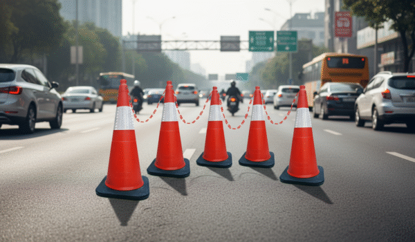 750 mm Height Rubber Base  (Weight – 3.5 kg)  Cones with 150 mm Reflective Tape – Pack of 5 Safety Cones with 10 Meter Plastic Chain.