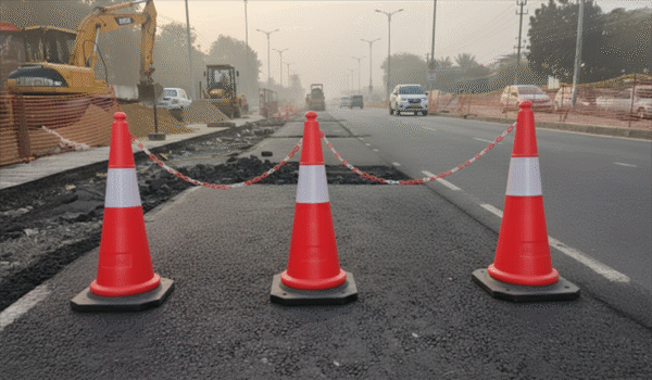 1 Meter Height (Weight - 7 kg) Rubber Base Cones with 200 mm Reflective Tape – Pack of 3 Safety Cones with 10 Meter Plastic Chain